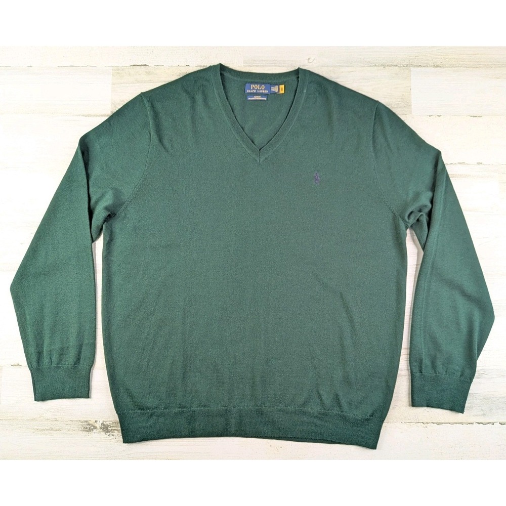 Polo Ralph Lauren Sweater Mens XXL 2XL Slim Green Washable Merino Wool V Neck